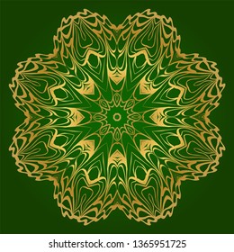 Art Deco Pattern Of Round Floral Mandala. Vector Illustration. Design For Printing, Presentation, Textile Industry. Green, gold color.