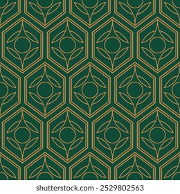 Art Deco pattern seamless background. Vintage ArtDeco geometric triangle cell pattern featuring gold lines on a emerald green background.