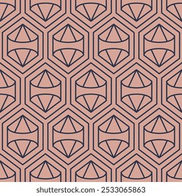 Art Deco pattern seamless background. Vintage ArtDeco geometric triangle cell pattern featuring blue lines on a mauve background.