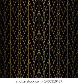 Art Deco Pattern. Seamless black and gold background. Minimalistic geometric design. Vector golden lines ornament. 1920-30s motifs. Luxury vintage illustration
