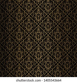Art Deco Pattern. Seamless black and gold background. Metallic lace ornament. Minimalistic geometric design. Vector lines. 1920-30s motifs. Luxury vintage illustration