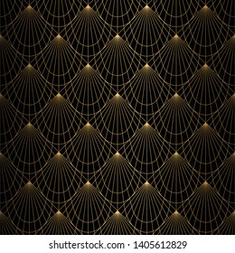 Art Deco Pattern. Seamless black and gold background. Scales or shells ornament. Minimalistic geometric design. Vector lines. 1920-30s motifs. Luxury vintage illustration