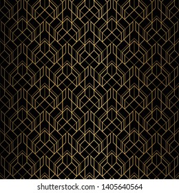 Art Deco Pattern. Seamless black and gold background. Metallic lace ornament. Minimalistic geometric design. Vector lines. 1920-30s motifs. Luxury vintage illustration