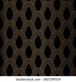 Art Deco Pattern. Seamless black and gold background. Scales or shells ornament. Minimalistic geometric design. Vector lines. 1920-30s motifs. Luxury vintage illustration