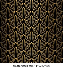 Art Deco Pattern. Seamless black and gold background. Scales or shells ornament. Minimalistic geometric design. Vector lines. 1920-30s motifs. Luxury vintage illustration