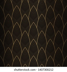Art Deco Pattern. Seamless black and gold background. Scales or shells ornament. Minimalistic geometric design. Vector lines. 1920-30s floral motifs. Luxury vintage leaves illustration. 