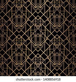 Art Deco Pattern. Seamless black and gold background. Metallic lace ornament. Minimalistic geometric design. Vector lines. 1920-30s motifs. Luxury vintage illustration