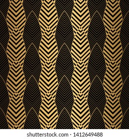 Art Deco Pattern. Seamless black and gold background. Metallic leaves ornament. Minimalistic floral geometric design. Vector lines. 1920-30s floral motifs. Luxury vintage leaves illustration. 