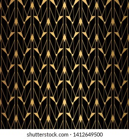Art Deco Pattern. Seamless black and gold background. Metallic lace crisscross ornament. Minimalistic geometric design. Vector lines. 1920-30s motifs. Luxury vintage illustration
