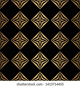 Art Deco Pattern. Seamless black and gold background. Scales or shells crisscross ornament. Minimalistic geometric design. Vector lines. 1920-30s motifs. Luxury vintage illustration