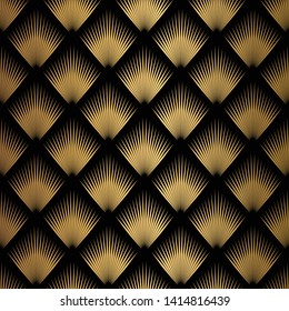 Art Deco Pattern. Seamless black and gold background. Scales or shells crisscross lace ornament. Minimalistic geometric design. Vector lines. 1920-30s motifs. Luxury vintage illustration