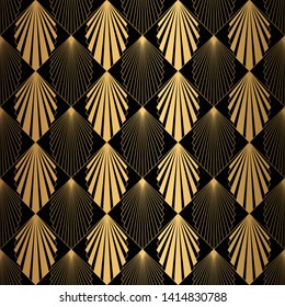 Art Deco Pattern. Seamless black and gold background. Scales or shells crisscross lace ornament. Minimalistic geometric design. Vector lines. 1920-30s motifs. Luxury vintage illustration