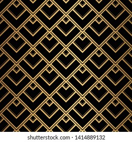 Art Deco Pattern. Seamless black and gold background. Scales or shells ornament. Minimalistic geometric design. Vector lines. 1920-30s motifs. Luxury vintage illustration