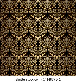 Art Deco Pattern. Seamless black and gold background. Scales or shells ornament. Minimalistic geometric design. Vector lines. 1920-30s motifs. Luxury vintage illustration