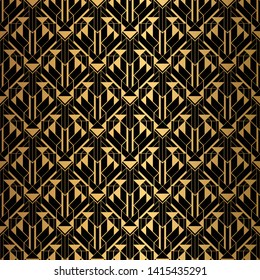 Art Deco Pattern. Seamless black and gold background. Triangle scales or shells ornament. Minimalistic geometric design. Vector lines. 1920-30s motifs. Luxury vintage illustration 