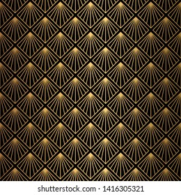 Art Deco Pattern. Seamless black and gold background. Metallic shells or scales lace ornament. Minimalistic geometric design. Vector lines. 1920-30s motifs. Luxury vintage illustration