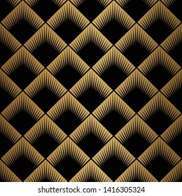 Art Deco Pattern. Seamless black and gold background. Metallic shells or scales lace ornament. Minimalistic geometric design. Vector lines. 1920-30s motifs. Luxury vintage illustration