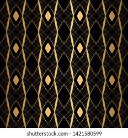 Art Deco Pattern. Seamless black and gold background. Metallic shells or scales lace ornament. Minimalistic geometric design. Vector lines. 1920-30s motifs. Luxury vintage illustration