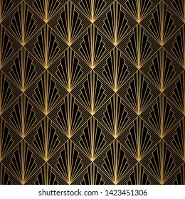 Art Deco Pattern. Seamless black and gold background. Metallic shells or scales lace ornament. Minimalistic geometric design. Vector lines. 1920-30s motifs. Luxury vintage illustration
