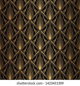 Art Deco Pattern. Seamless black and gold background. Metallic shells or scales lace ornament. Minimalistic geometric design. Vector lines. 1920-30s motifs. Luxury vintage illustration