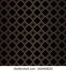 Art Deco Pattern. Seamless black and gold background. Metallic shells or scales lace ornament. Minimalistic geometric design. Vector lines. 1920-30s motifs. Luxury vintage illustration