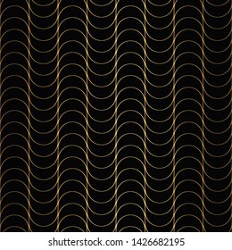 Art Deco Pattern. Seamless black and gold background. Metallic shells or scales lace ornament. Minimalistic geometric design. Vector lines. 1920-30s motifs. Luxury vintage illustration