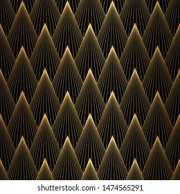 Art Deco Pattern. Seamless black and gold background. Metallic shells or scales lace ornament. Minimalistic geometric design. Vector lines. 1920-30s motifs. Luxury vintage illustration