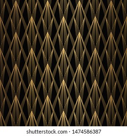 Art Deco Pattern. Seamless black and gold background. Metallic shells or scales lace ornament. Minimalistic geometric design. Vector lines. 1920-30s motifs. Luxury vintage illustration