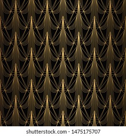 Art Deco Pattern. Seamless black and gold background. Metallic shells or scales lace ornament. Minimalistic geometric design. Vector lines. 1920-30s motifs. Luxury vintage illustration