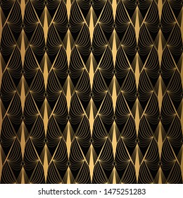 Art Deco Pattern. Seamless black and gold background. Metallic shells or scales lace ornament. Minimalistic geometric design. Vector lines. 1920-30s motifs. Luxury vintage illustration