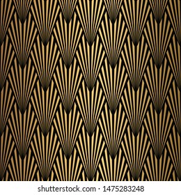 Art Deco Pattern. Seamless black and gold background. Metallic shells or scales lace ornament. Minimalistic geometric design. Vector lines. 1920-30s motifs. Luxury vintage illustration