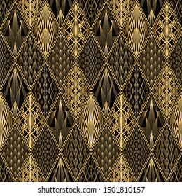 Art Deco Pattern. Seamless black and gold background. Metallic shells or scales lace ornament in rhombuses. Minimalistic geometric design. Vector lines. 1920-30s motifs. Luxury vintage patchwork.