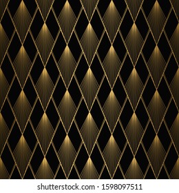 Art Deco Pattern. Seamless black and gold background. Metallic shells or scales lace ornament. Minimalistic geometric design. Vector lines. 1920-30s motifs. Luxury vintage illustration