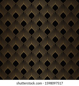 Art Deco Pattern. Seamless black and gold background. Metallic shells or scales lace ornament. Minimalistic geometric design. Vector lines. 1920-30s motifs. Luxury vintage illustration