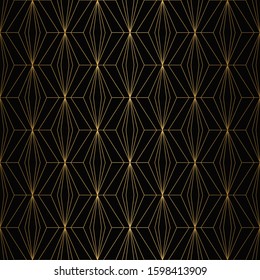 Art Deco Pattern. Seamless black and gold background. Metallic shells or scales lace ornament. Minimalistic geometric design. Vector lines. 1920-30s motifs. Luxury vintage illustration