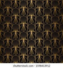 Art Deco Pattern. Seamless black and gold background. Metallic shells or scales lace ornament. Minimalistic geometric design. Vector lines. 1920-30s motifs. Luxury vintage illustration