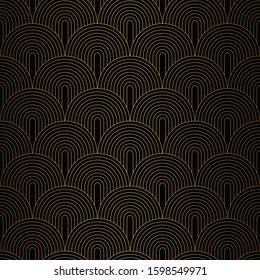 Art Deco Pattern. Seamless black and gold background. Metallic shells or scales lace ornament. Minimalistic geometric design. Vector lines. 1920-30s motifs. Luxury vintage illustration