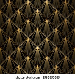 Art Deco Pattern. Seamless black and gold background. Metallic shells or scales lace ornament. Minimalistic geometric design. Vector lines. 1920-30s motifs. Luxury vintage illustration