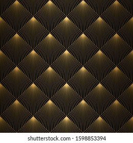 Art Deco Pattern. Seamless black and gold background. Metallic shells or scales lace ornament. Minimalistic geometric design. Vector lines. 1920-30s motifs. Luxury vintage illustration