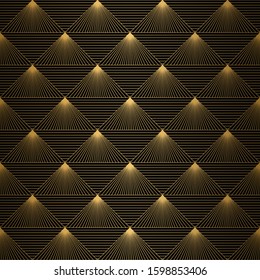 Art Deco Pattern. Seamless black and gold background. Metallic shells or scales lace ornament. Minimalistic geometric design. Vector lines. 1920-30s motifs. Luxury vintage illustration