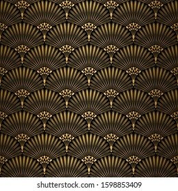 Art Deco Pattern. Seamless black and gold background. Metallic shells or scales lace ornament. Minimalistic geometric design. Vector lines. 1920-30s motifs. Luxury vintage illustration