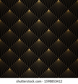 Art Deco Pattern. Seamless black and gold background. Metallic shells or scales lace ornament. Minimalistic geometric design. Vector lines. 1920-30s motifs. Luxury vintage illustration