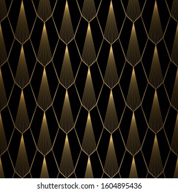 Art Deco Pattern. Seamless black and gold background. Metallic shells or scales lace ornament. Minimalistic geometric design. Vector lines. 1920-30s motifs. Luxury vintage illustration