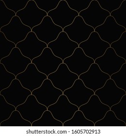 Art Deco Pattern. Seamless black and gold background. Metallic shells or scales lace ornament. Minimalistic geometric design. Vector lines. 1920-30s motifs. Luxury vintage illustration