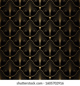 Art Deco Pattern. Seamless black and gold background. Metallic shells or scales lace ornament. Minimalistic geometric design. Vector lines. 1920-30s motifs. Luxury vintage illustration