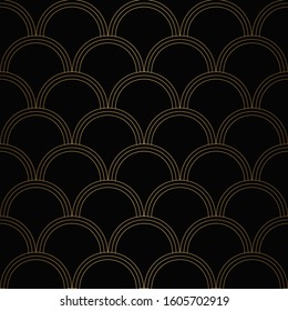 Art Deco Pattern. Seamless black and gold background. Metallic shells or scales lace ornament. Minimalistic geometric design. Vector lines. 1920-30s motifs. Luxury vintage illustration