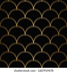 Art Deco Pattern. Seamless black and gold background. Metallic shells or scales lace ornament. Minimalistic geometric design. Vector lines. 1920-30s motifs. Luxury vintage illustration