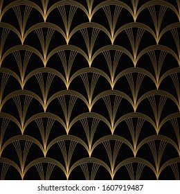 Art Deco Pattern. Seamless black and gold background. Metallic shells or scales lace ornament. Minimalistic geometric design. Vector lines. 1920-30s motifs. Luxury vintage illustration