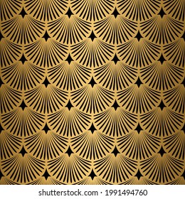 Art Deco Pattern. Seamless black and gold background. Scales or shells ornament. Peacock tail geometric design. Vector lines. 1920-30s motifs. Luxury vintage illustration