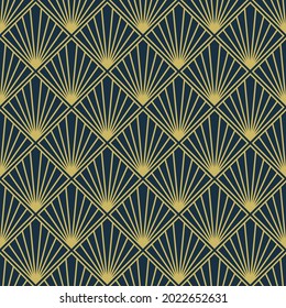 Art Deco Pattern. Seamless geometric vintage decoration. Minimal lines design. Pale yellow on blue background. Roaring twenties motif. Square tile vector illustration